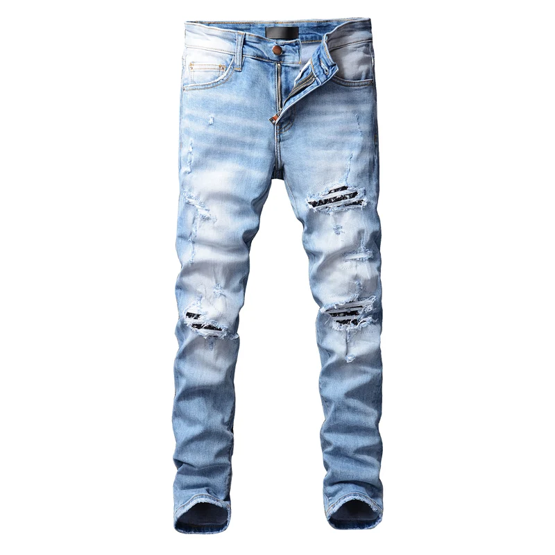 Street Fashion Men's Light Blue Jeans Retro Elastic Slim Fit Split Jeans Men's Black Patch Panel Designer Hip Hop Brand Pants Ho