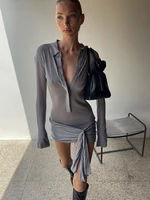Fantoye Turn-down Collar Bandage Ruched Women Dress Long Sleeve Single Breasted Dress Autumn Skinny Elegant Vacation Party Dress 1