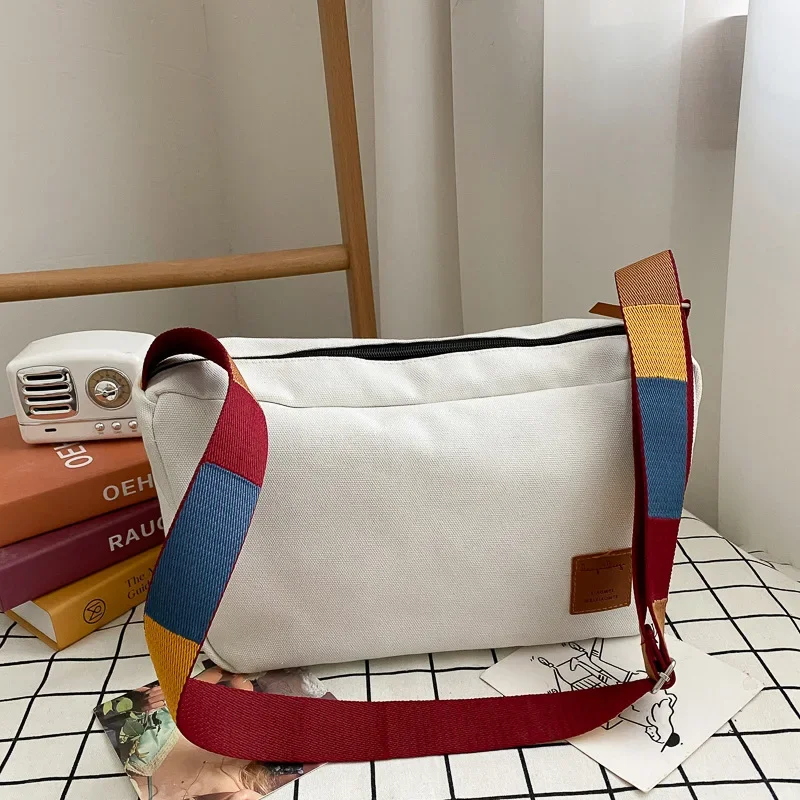 

Canvas Shoulder Bag Big Capacity Women Messenger Bag Female Crossbody Bags Colored Straps Retro Handbag for Student