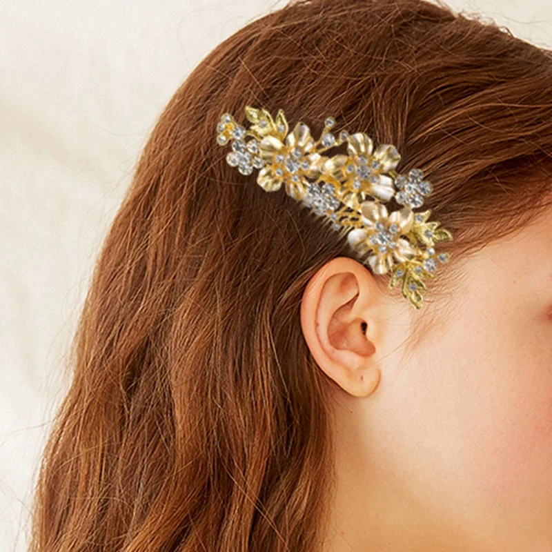 2X Wedding Bridal Hair Combs Vintage Imitation Crystal Hairpins Prom Jewelry Flower Pattern Hair Accessories Women Gold