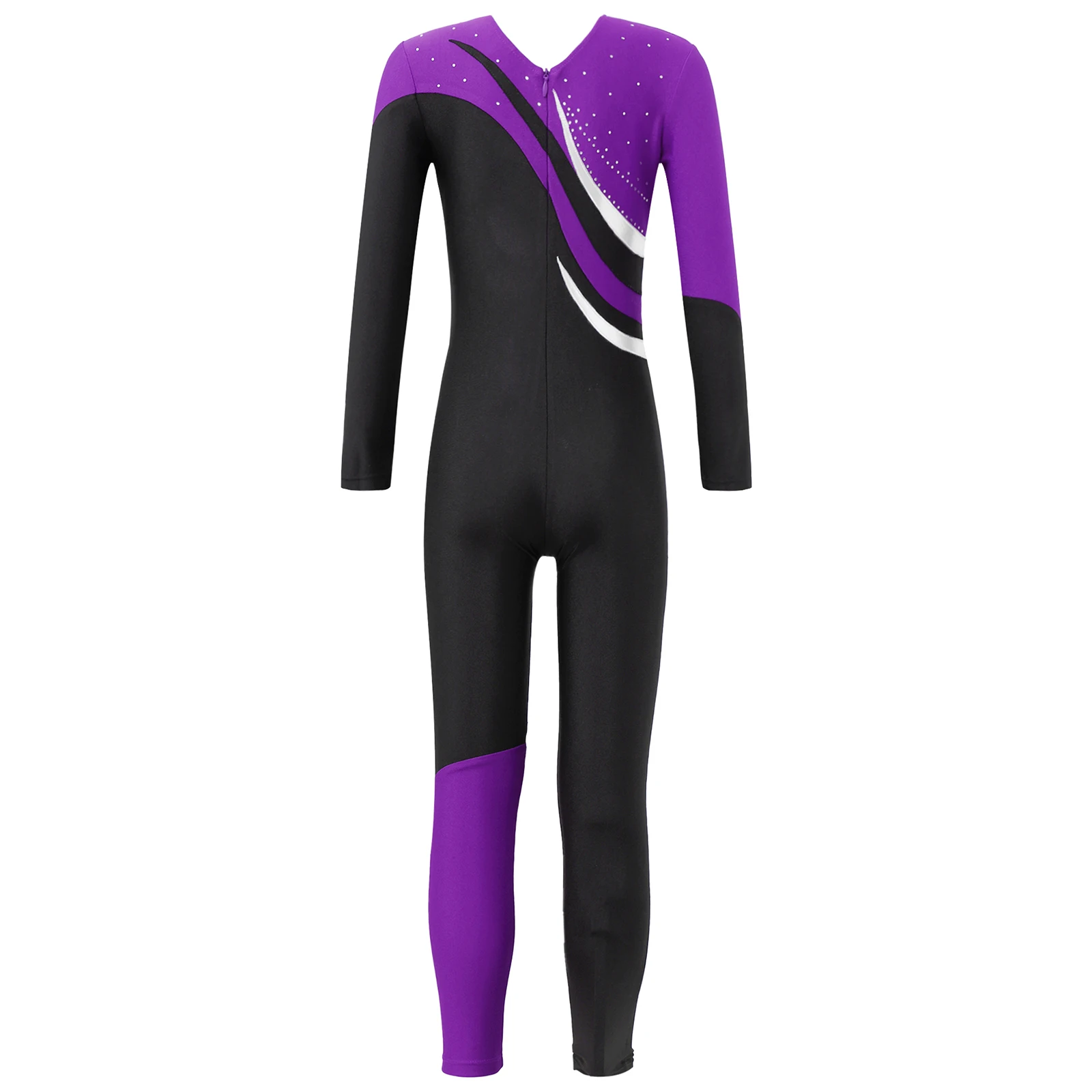 Children Gymnastics Jumpsuits Kids Girls Long Sleeve Shiny Rhinestone Contrast Color Ballet Dance Leotards Skating Jumpsuit children dance leotards