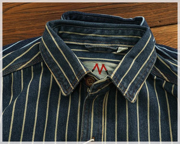 Heavy vertical stripe cargo denim shirt Men do old washed cotton elbow stick cloth lapel long sleeve shirt jacket
