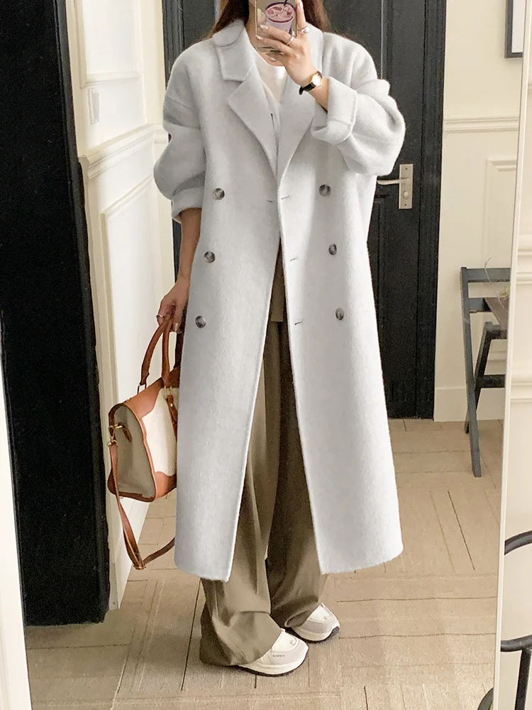 

Double sided Wool Coat Women's Autumn and Winter New Korean Design Feel Loose Knee Length Double Row Wool Coat