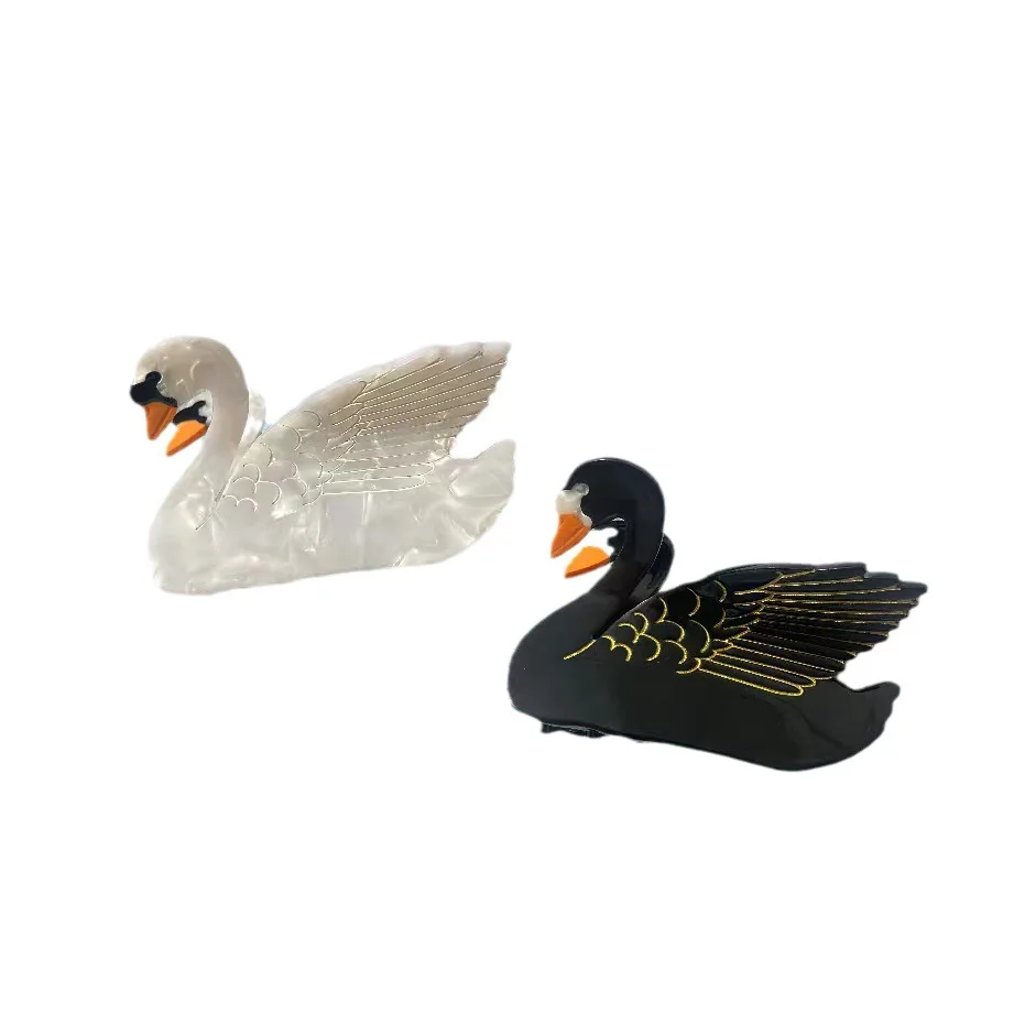 Damen-Clip, Vogel-Acetat-Clip, schwarzer Schwan-Clip, Leopardenmuster, Vogel, Tier, Papagei, Haar-Accessoires, einfache, lustige Hai-Clip-Mode_voghion.com