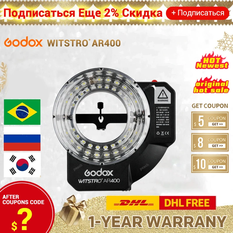Godox Witstro AR400 R2400 400W Ring Flash Speedlite With Li-ion Battery + LED Video Light for Sony Canon Nikon DSLR Cameras