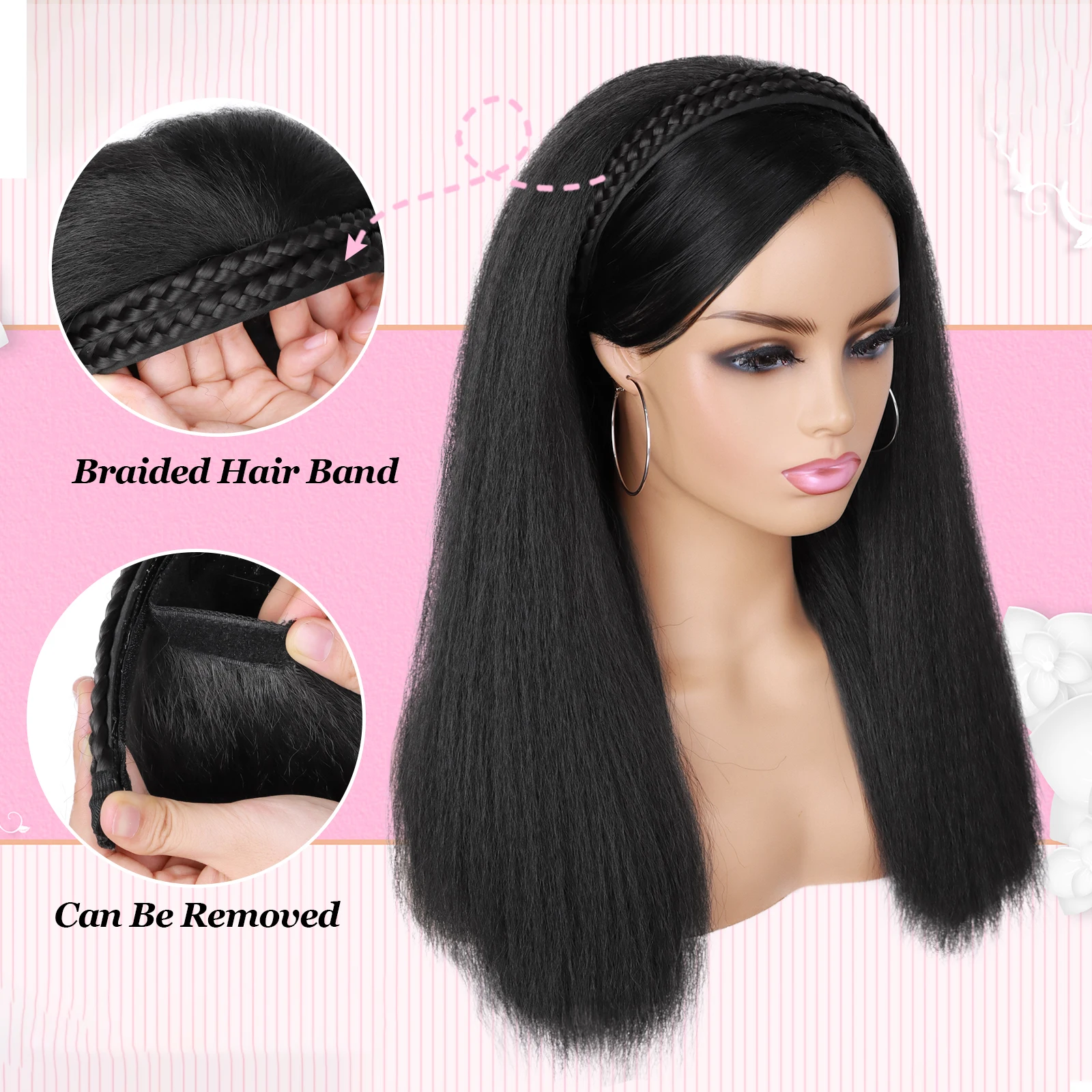 Tereshar Synthetic Yaki Straight Half Wig with Braided Hair Band Wig for Black Women Heat Resistant Wigs