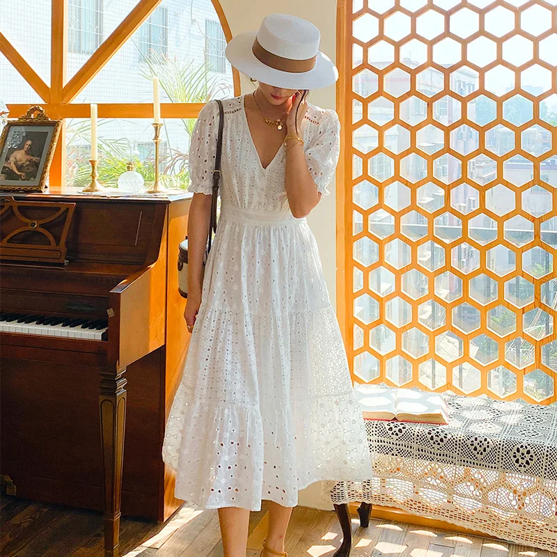 

AYUALIN Boho White Short Sleeve Summer Dresses Women 2022 Vintage Hollow Out Beach Vestidos Casual Deep V Embroidery Long Dress