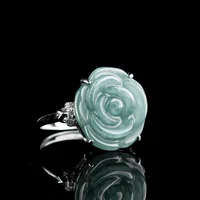 925 Silver Inlay Burmese Jade Adjustable Flower Ring Emerald Rose Natural Green Original Accessories Women Jewelry Customized