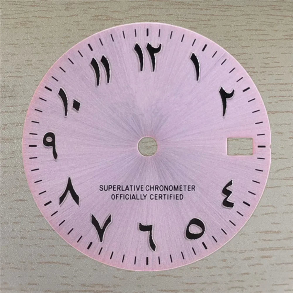 

Pink Arabic Dial 28.5MM with Calendar No Luminous Antique Arabic Numerals Dial Suitable for NH35/36 Movement S Logo Dial