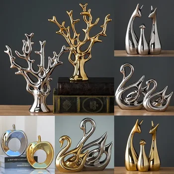 Ceramic Electroplating Ornaments – Nordic Porcelain Figurines (Deer, Swan, Apple) for Home Decoration 1