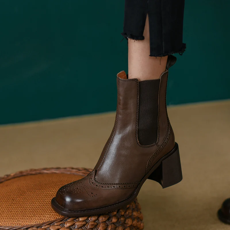 

Chelsea Boots Women Classic Style Warm Winter Boots Concise Cowhide Boots For Autumn Spring Thick High Heel Modern Ladies Shoes