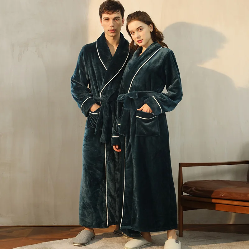 

Зимняя утолщенная теплая длинная одежда для пар, фланелевая одежда для сна, кимоно, халат, халат, ночнушка из искусственного кораллового флиса, повседневная домашняя одежда