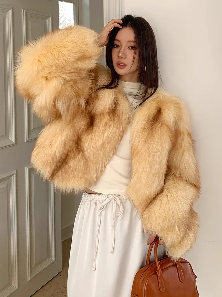 

High Waisted Cropped Fox Fur Jacket for Women 2024 New High-end Luxury Simple Fluffy Warm Genuine Leather Real Fur Coat