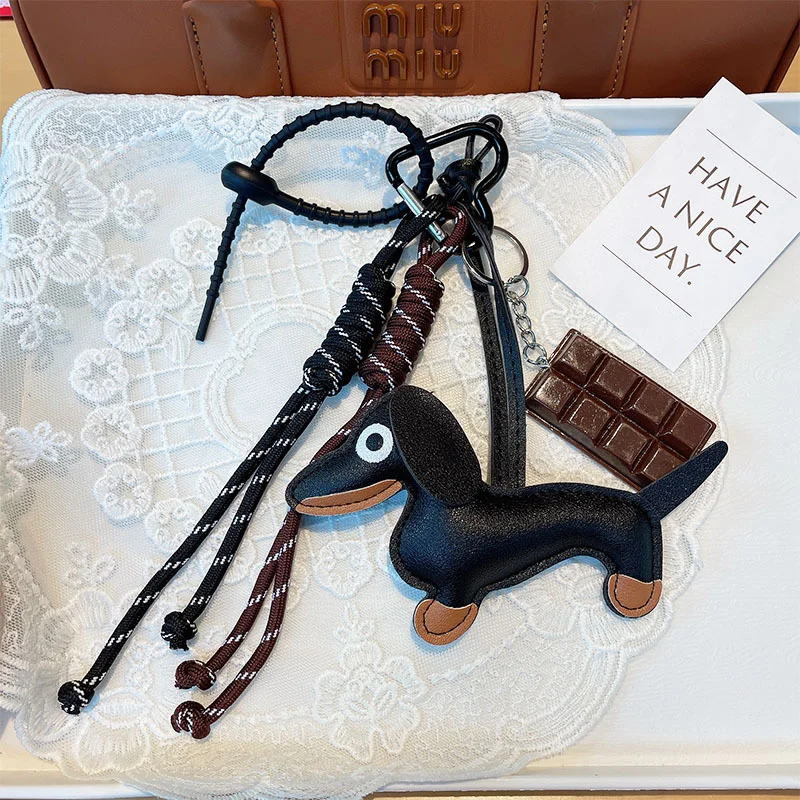 Keychain Retro Ins Style Sausage Dog Car Keychain Bag Pendant Hanging Rope Chocolate Weaving Rope Accessories 4
