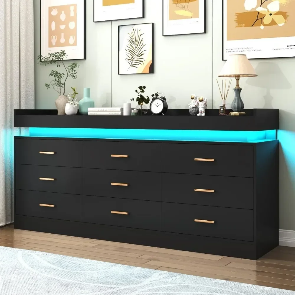 Modern Dresser 9 Drawer with LED Light,Wide Drawer Organizer Cabinet for Bedroom Living Room Chest for Closet of Wood Drawers