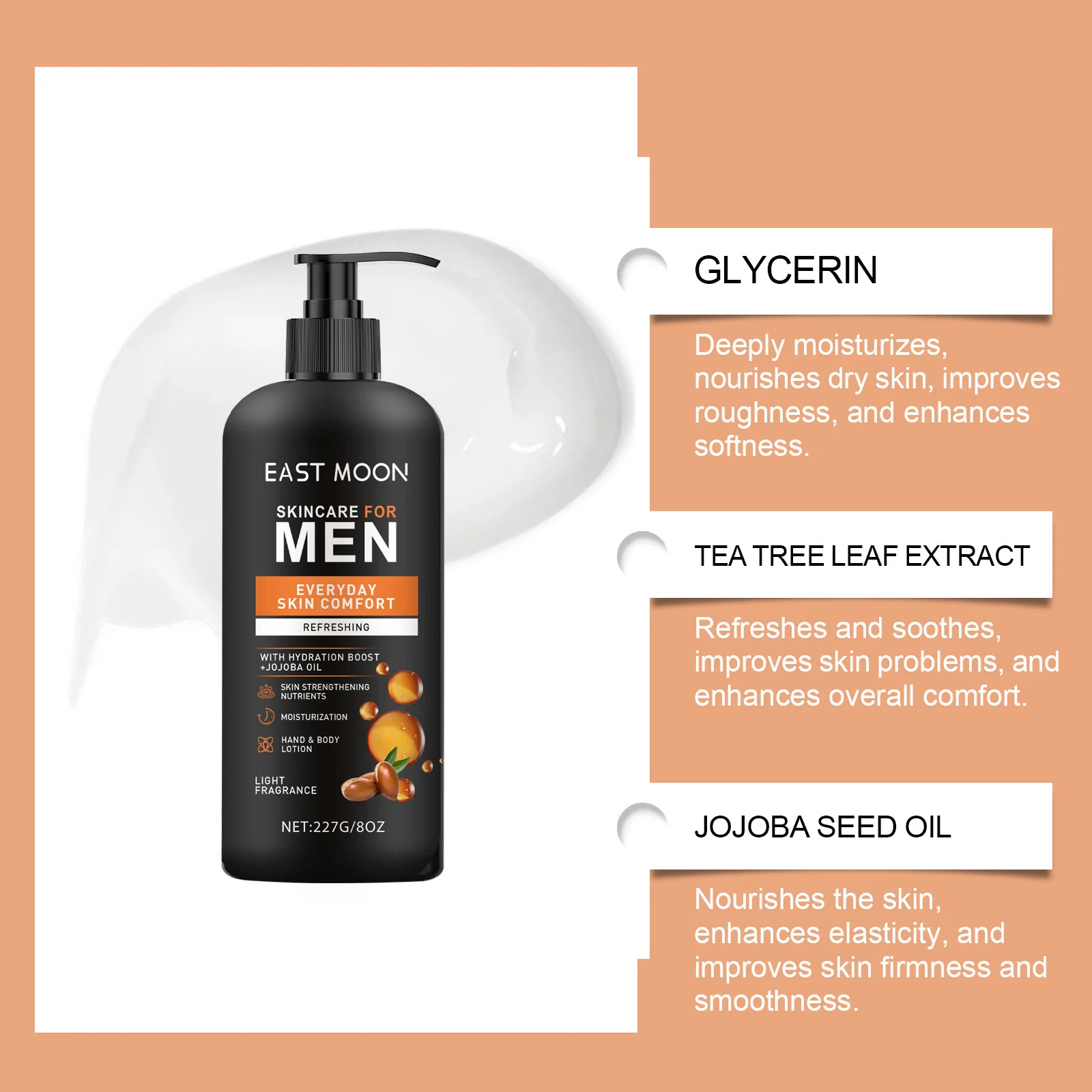 East Moon Serie di lozioni per il corpo da uomo Idratare a secco Migliora il controllo dell'olio cadente Fragranza duratura Illumina la pelle Creme nutrienti 4