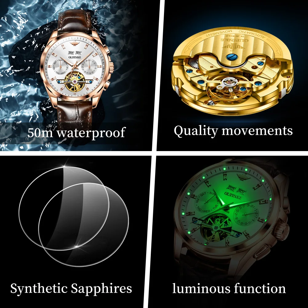 OUPINKE 3291 Men Watch Luxury Mechanical Watch Luminous Sapphire Mirror Leather Strap Multifunctional Chronograph With Box