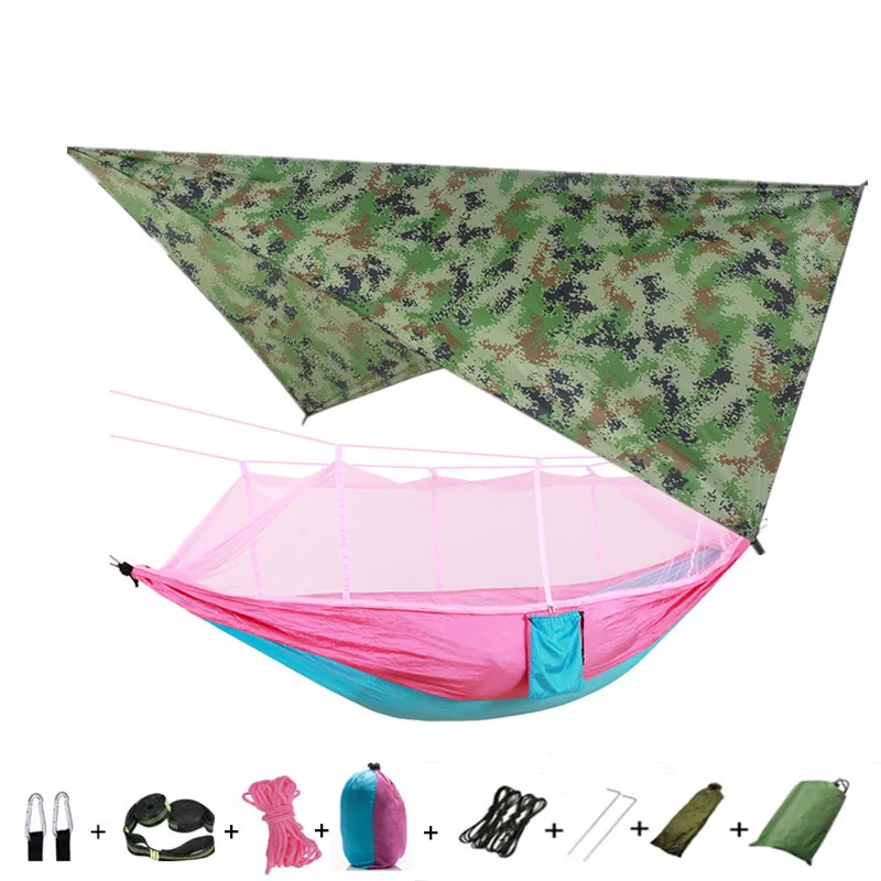 Portable Nylon Camping Hammock with Mosquito Net Rainfly Tent Tree Straps,for Camping Hiking Backyard Travel Outdoor Backpacking 