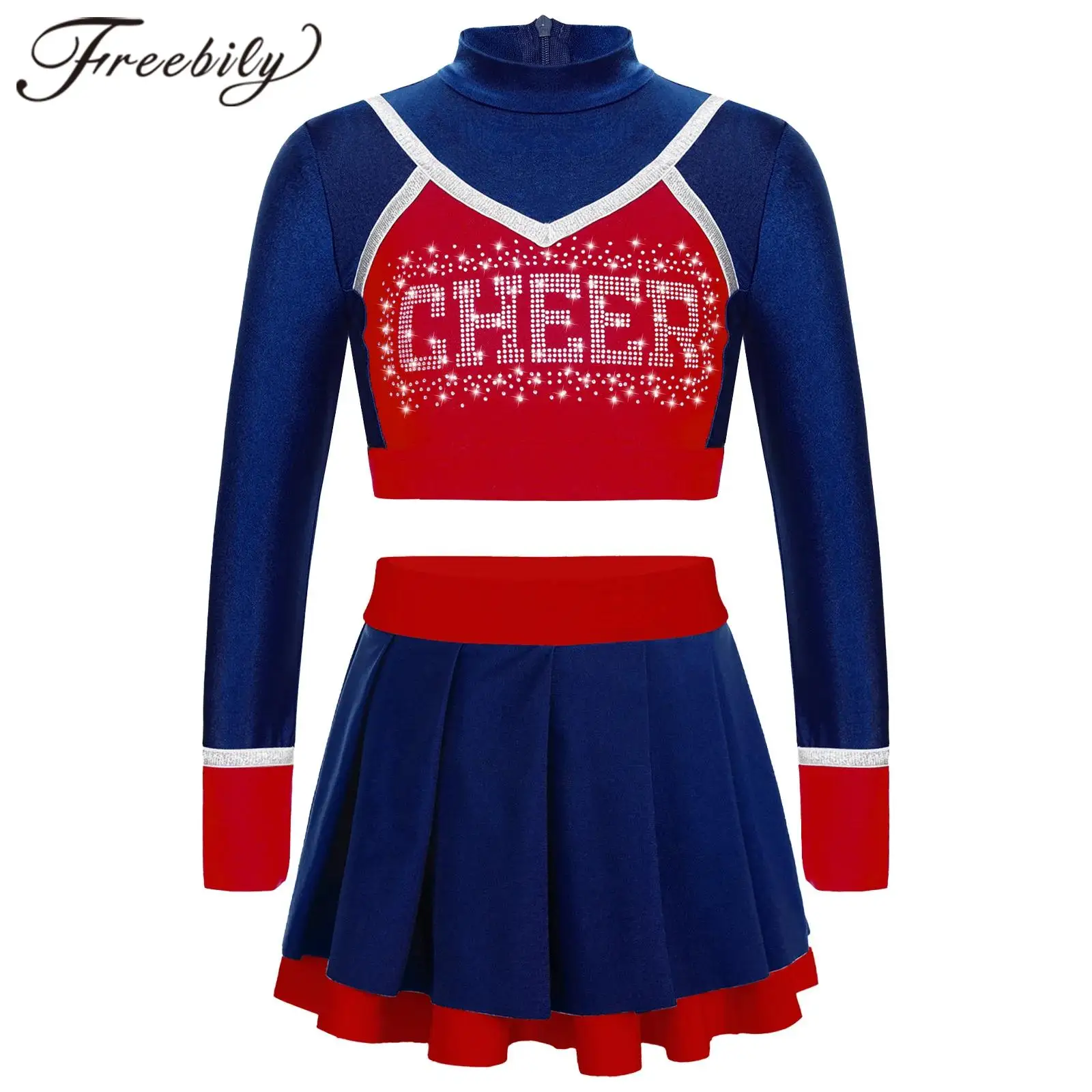 

Kids Cheerleading Dance Outfit School Girls Cheerlead Uniform Long Sleeve Crop Top with Pleated Skirt Teen's Dancewear Teamwear