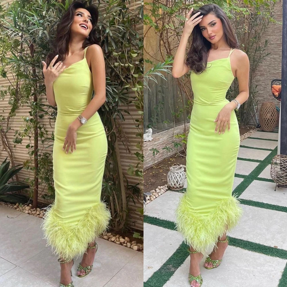 

Simple High Quality Spaghetti Strap Sheath Anke Length Evening Dresses Formal Ocassion Gown Hugging Feathers Satin robe femme