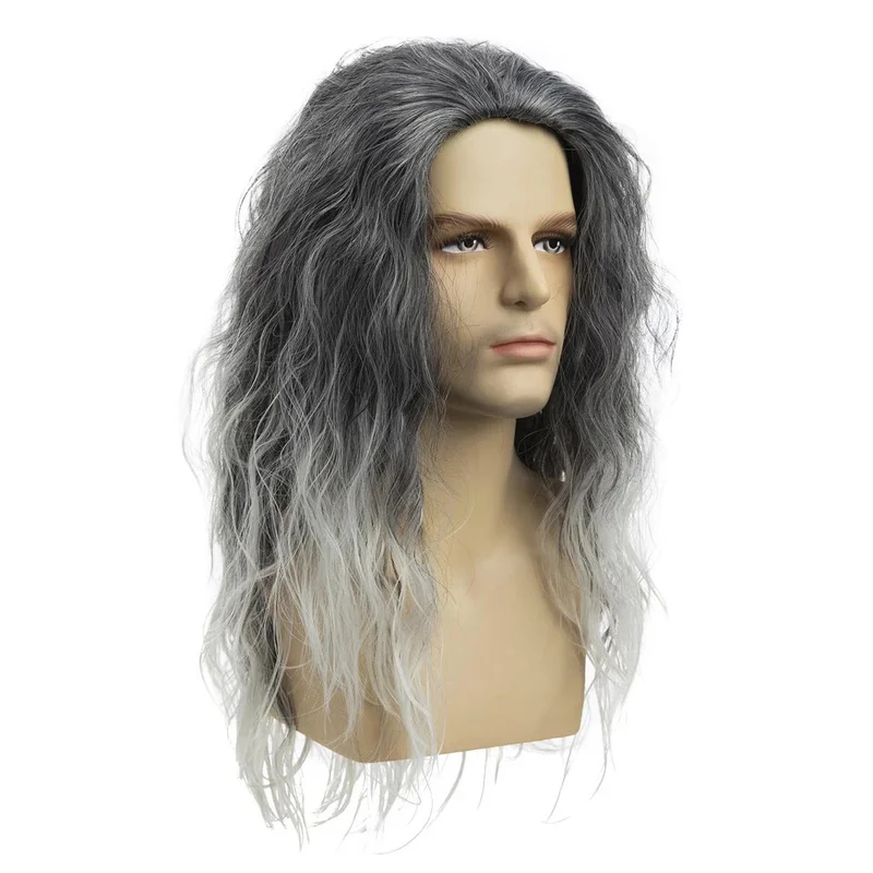 Baruisi 긴 곱슬 물결 모양의 회색 가발 남성용 합성 천연 파티 할로윈 C