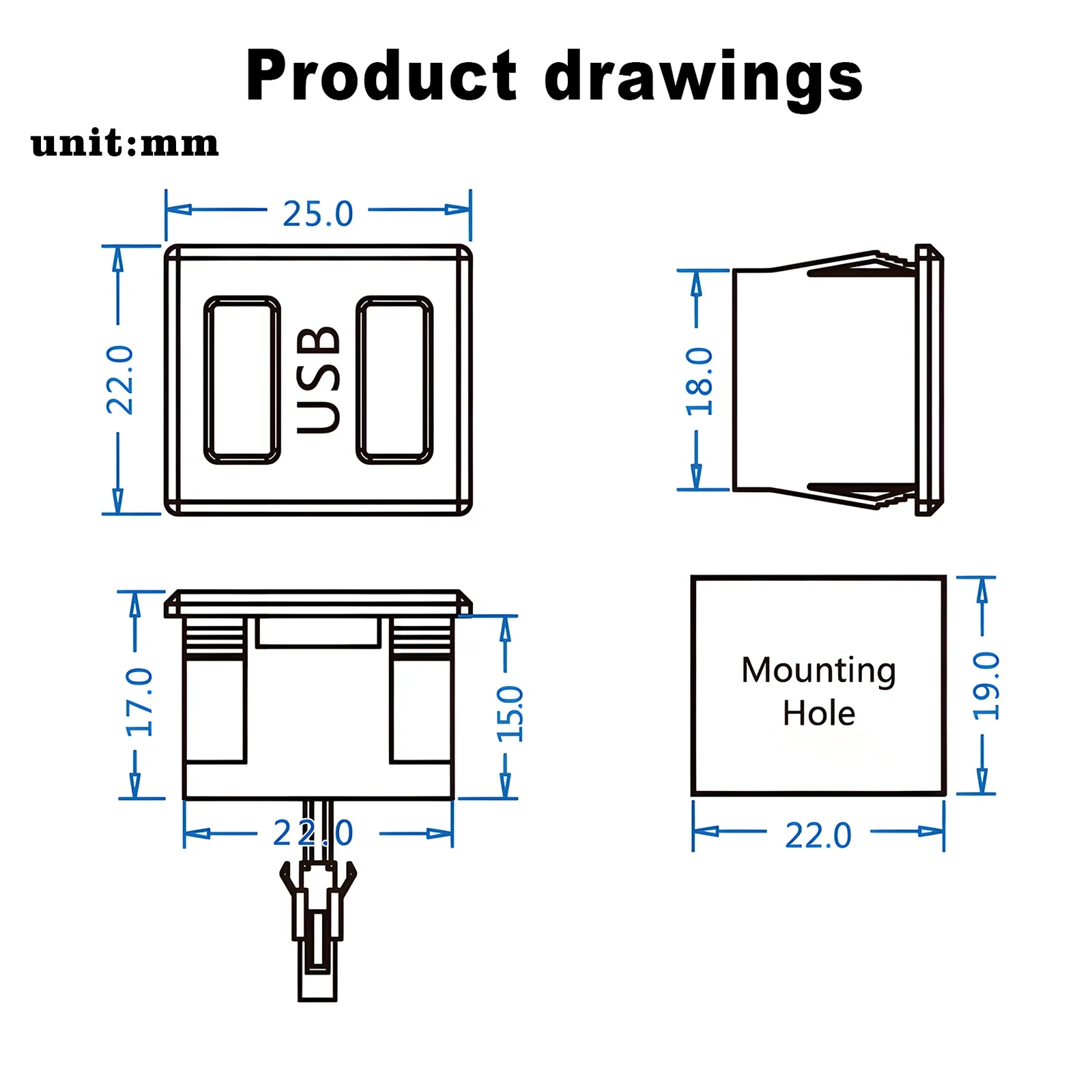 Double Layer USB Female Base Type-c Socket Lamp Charging Socket With Cable Connector 2pcs