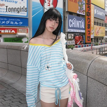 Tonngirls  Japanese Y2k Blue Striped T-shirt Women V-neck Long Sleeve T Shirt Vintage Off Shoulder Loose Tee Tops 2000s Korean 1