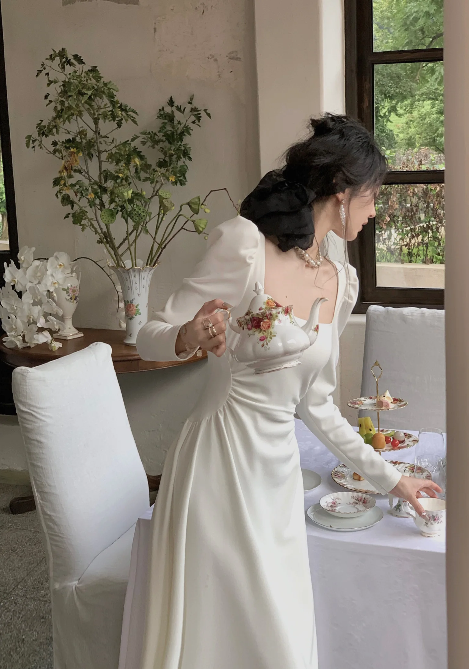 Spring New Elegant Square Collar Midi Party Dresses for Women Long Sleeve Black White Slim Vestidos Female High Waist Clothes