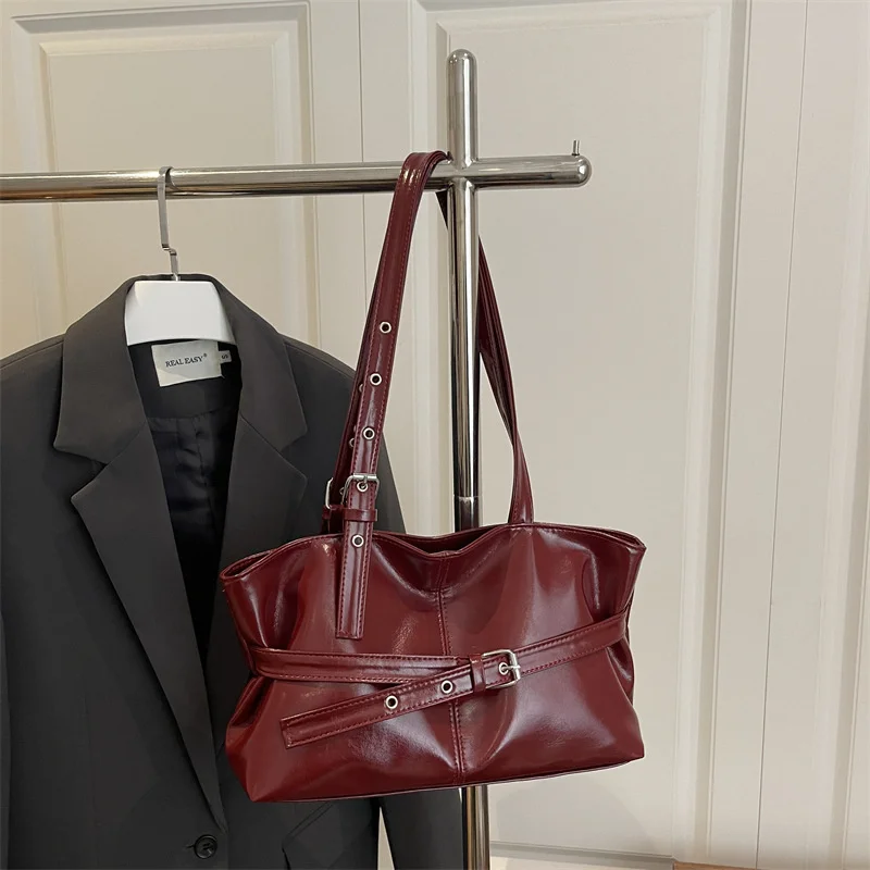 New Fashionable Versatile Belt Buckle Handbag Korean Style Solid Color Soft Leather Women’s Casual Shoulder Bag Underarm Bag