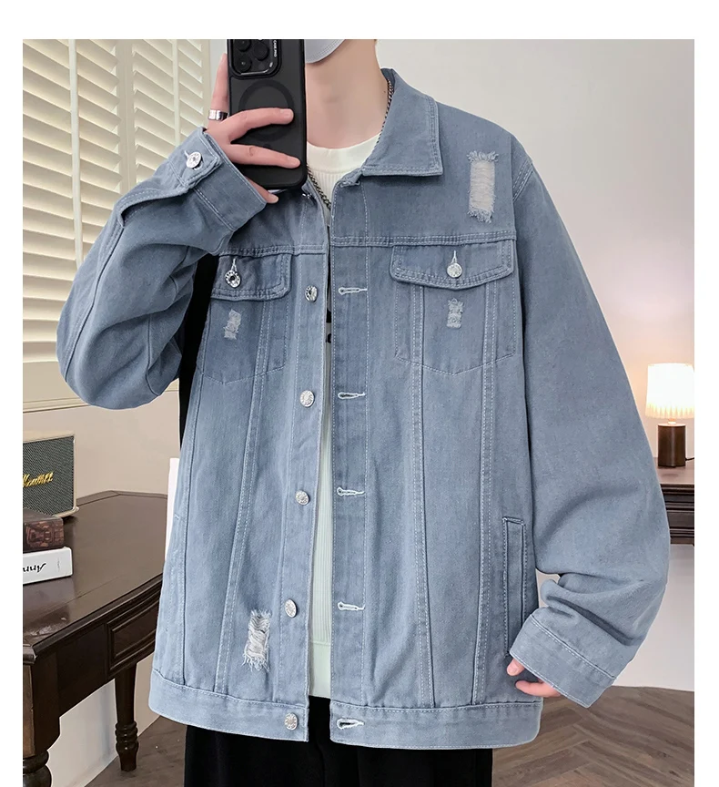 Casual männer Baumwolle Denim Jacken 2026 Frühling Herbst Lose Jeans Jugend Hip Hop Streetwear Feste Denim Mäntel Cowboy Tops Kleidung – Detail 12