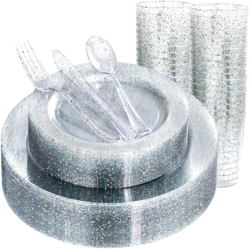 180PCS Glitter Plastic Plates with Glitter Disposable Silverware, Include 30Dinner Plates, 30Dessert Plates, 90Cutlerys, 30Cups