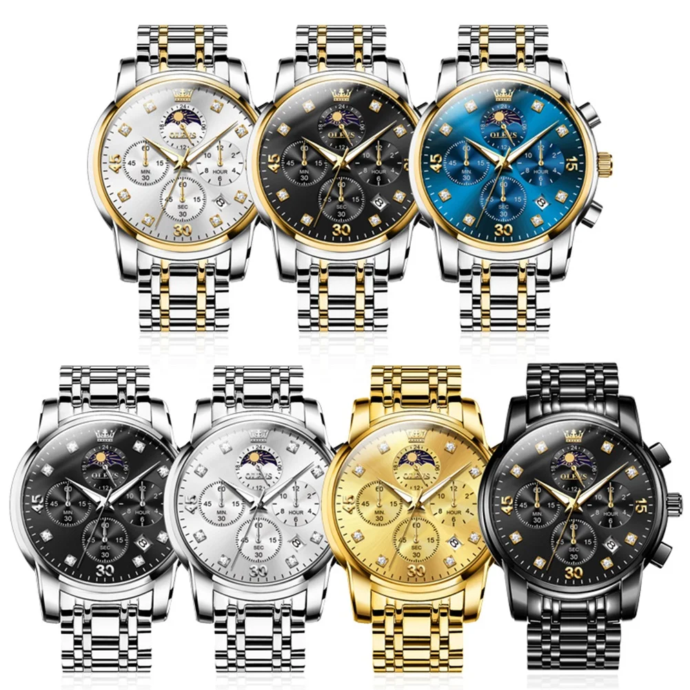 OLEVS 3652 Date Men Watch Luxury Original Quartz Business Wristwatch Chronograph Moon Phase Waterproof Luminous Watch For Men