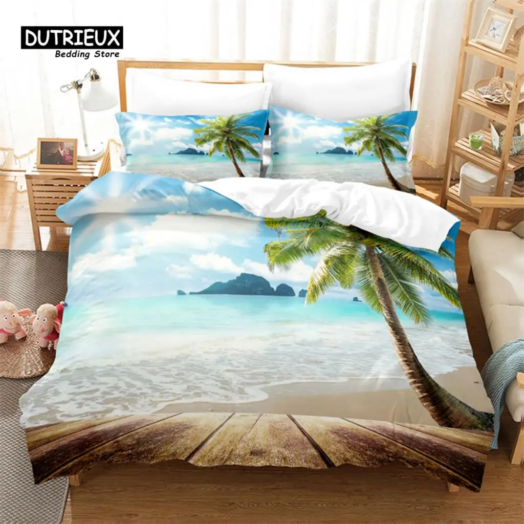 

Seaside Beach Bedding Set, Coconut Tree Duvet Cover Set, Soft Comfortable Breathable Duvet Cover, For Bedroom Guest Room Decor