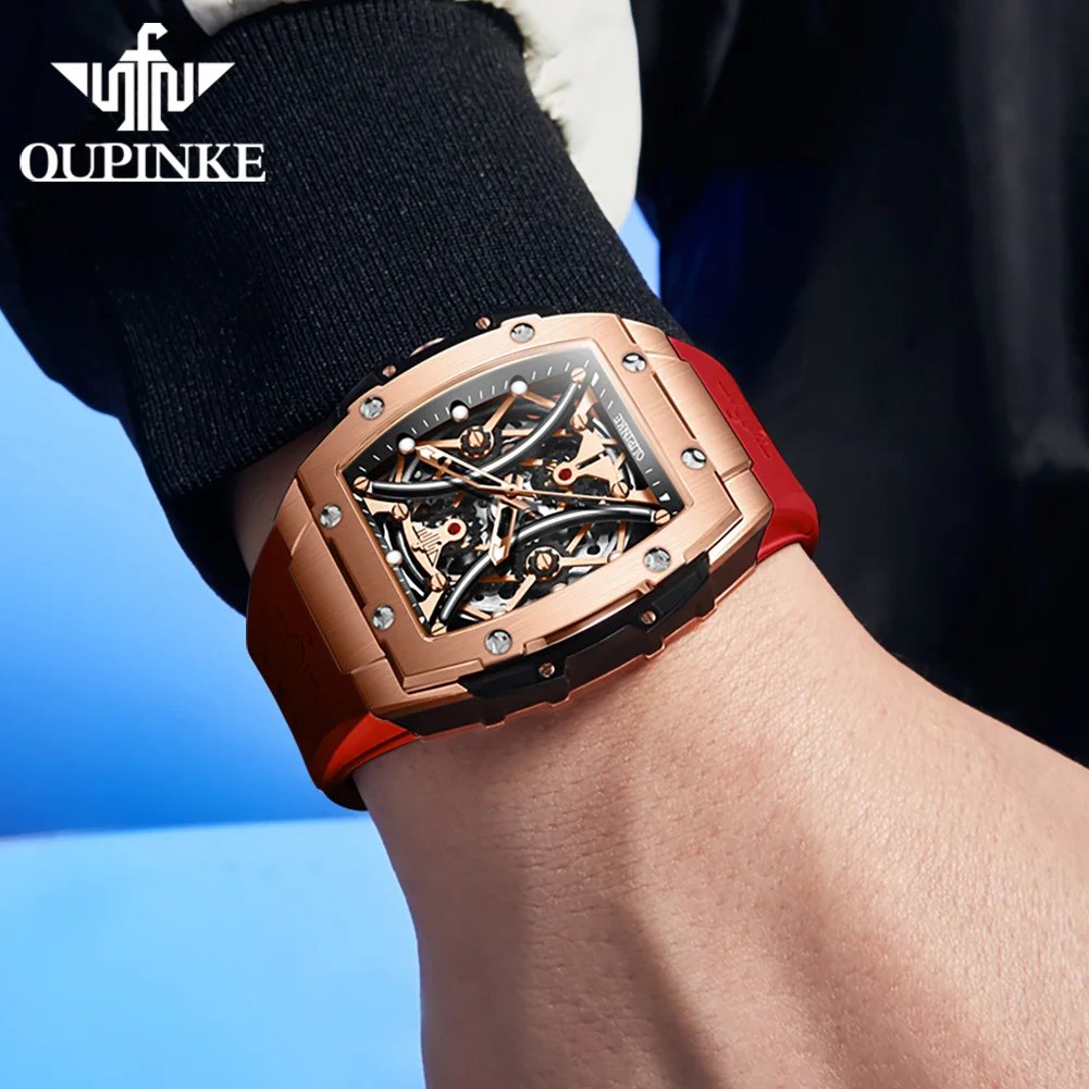 OUPINKE 3215 Automatic Watch For Men Deep Waterproof Big Dial Hollow Mechanical Wristwatch Silicone Strap Fashion Man Watches