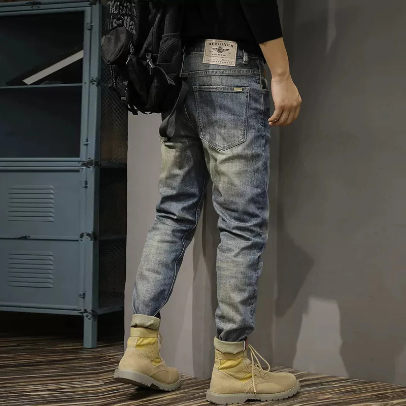 Fashion Designer Men Jeans High Quality Retro Blue Elastic Stretch Slim Fit Ripped Jeans Men Vintage Trousers Denim Pants Hombre