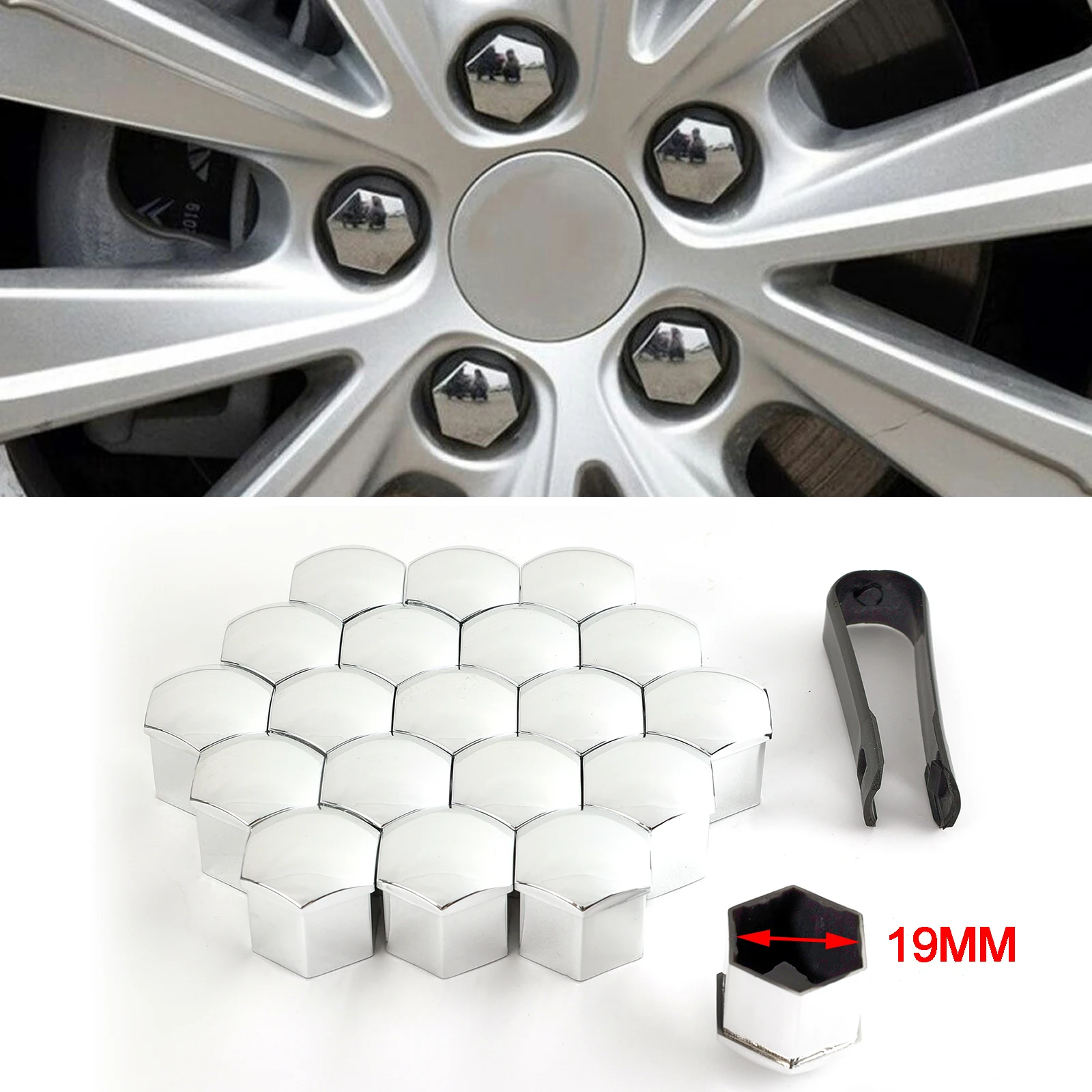 20x 19MM Chrome Car Wheel Nut Caps Protector Rustproof Hub Tighten Cover Tyre Nut Bolts Outward Decoration Studs Hub Caps Silver