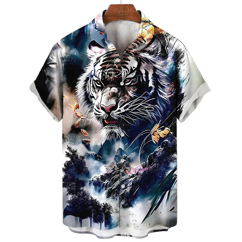 thumbnail image 1 of Camisa hawaiana con estampado de tigre en 3D para hombre, camisa informal de manga corta con estampado de bestia feroz, blusa holgada de calle, 1 of 5
