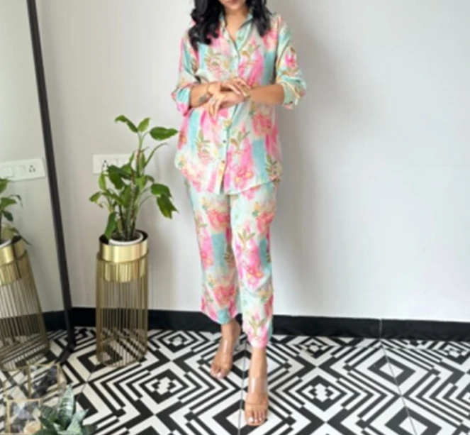 Women Vacation Comfort Set 2024 Spring/summer Latest Leisure Fashion Glossy Satin Flower Print Long Sleeve Top Set Two Piece Set