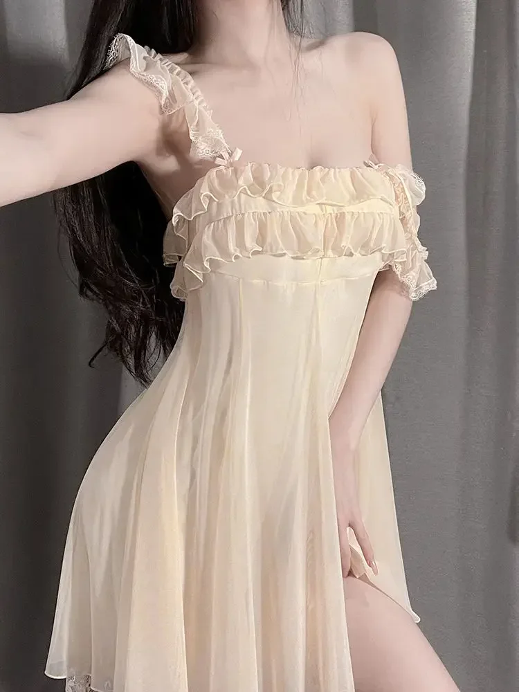 2024 Lace Nightdress New in Pajamas Dress Summer Night Wears for Women Sleepwear Casual Solid Sleeveless Sweat Chic Home Clothes
