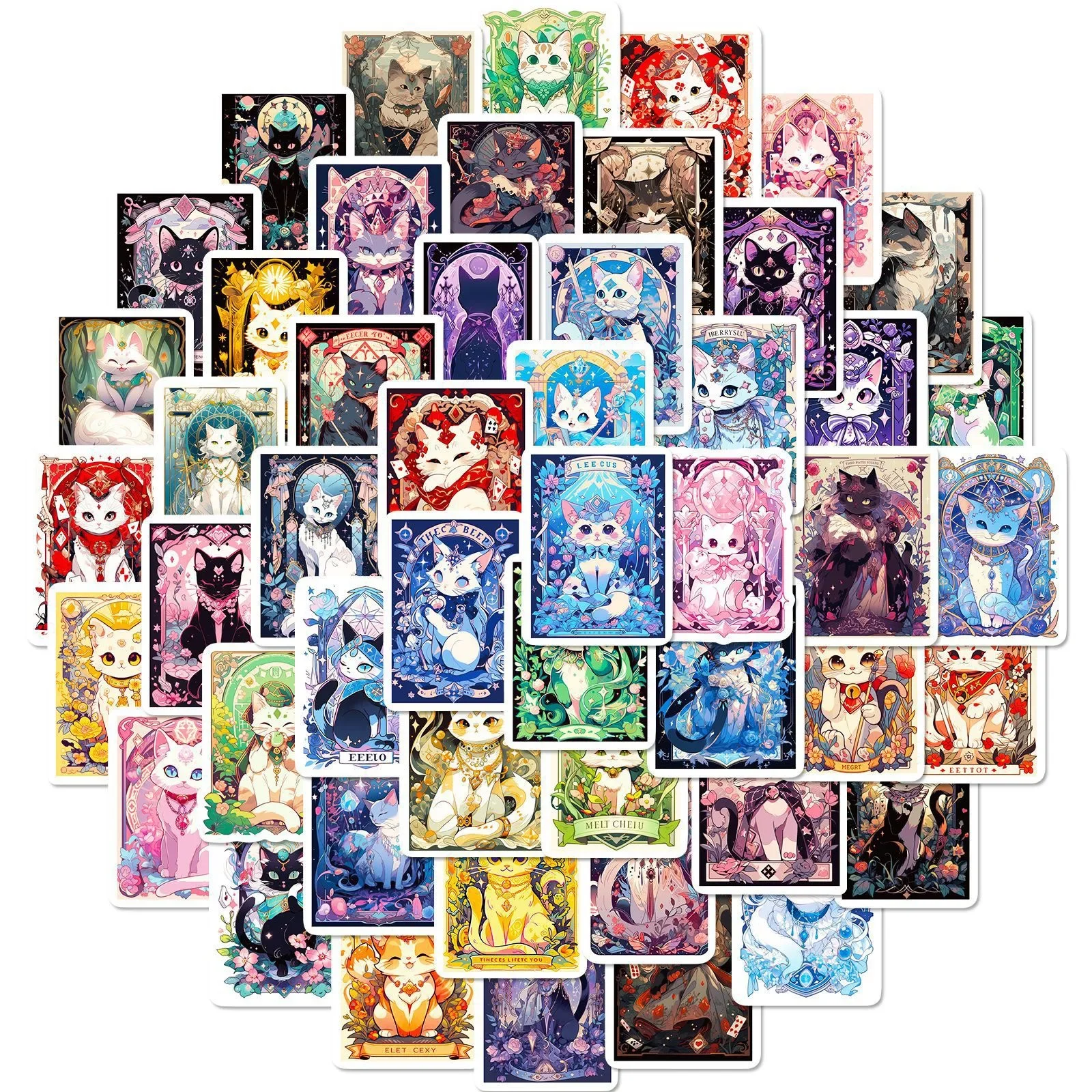 10/50PCS Cute Color Cat Tarot Cards Stickers Divination Goth Aesthetic Decals DIY Luggage Car Skateboard Laptop Toy Sticker