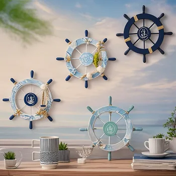 Decorazione del timone della nave nautica mediterranea, timone della ruota della barca in legno, accessorio artigianale per il soggiorno della casa