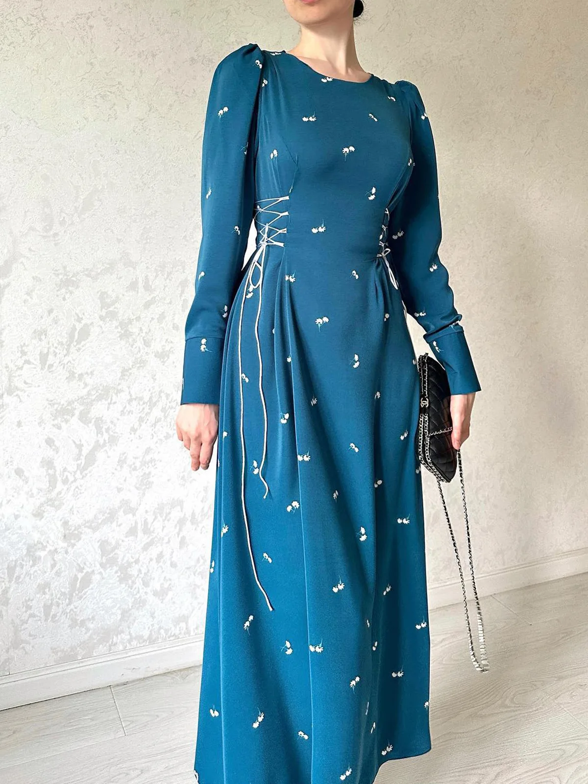 Printed Bandage Elegant Maxi Dress For Women Slim Patchwork Lace-Up Long Sleeve Fashion Dress Female Contrast Long Dress