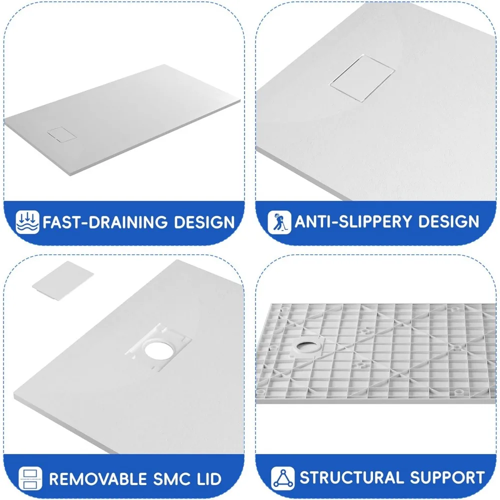 Shower Base, for Bathroom Assembly/Left&Right Drain, Non-Slip Shower Pan 60"x 36"White SMC Tray