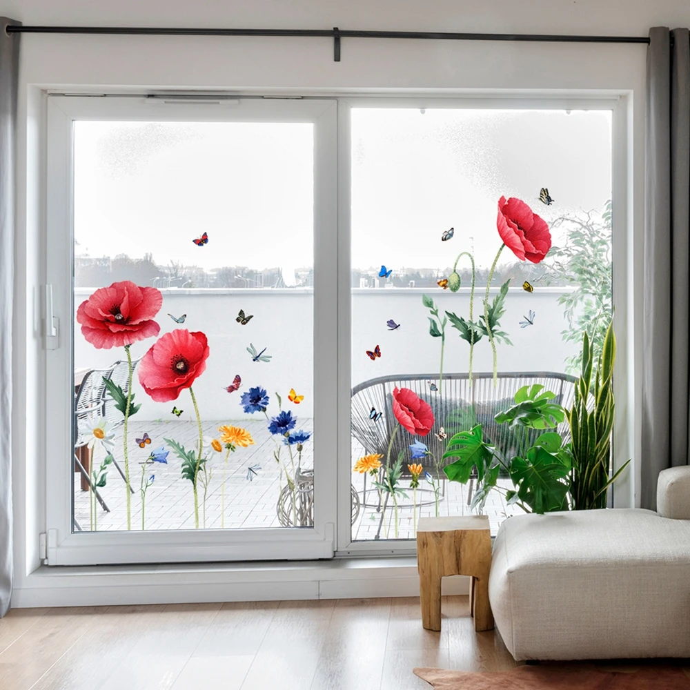 붉은 꽃 나비 벽 스티커, 정전기 페이스트, 창문 유리 페이스트, 양면 가시 장식 벽 데칼, 2 개