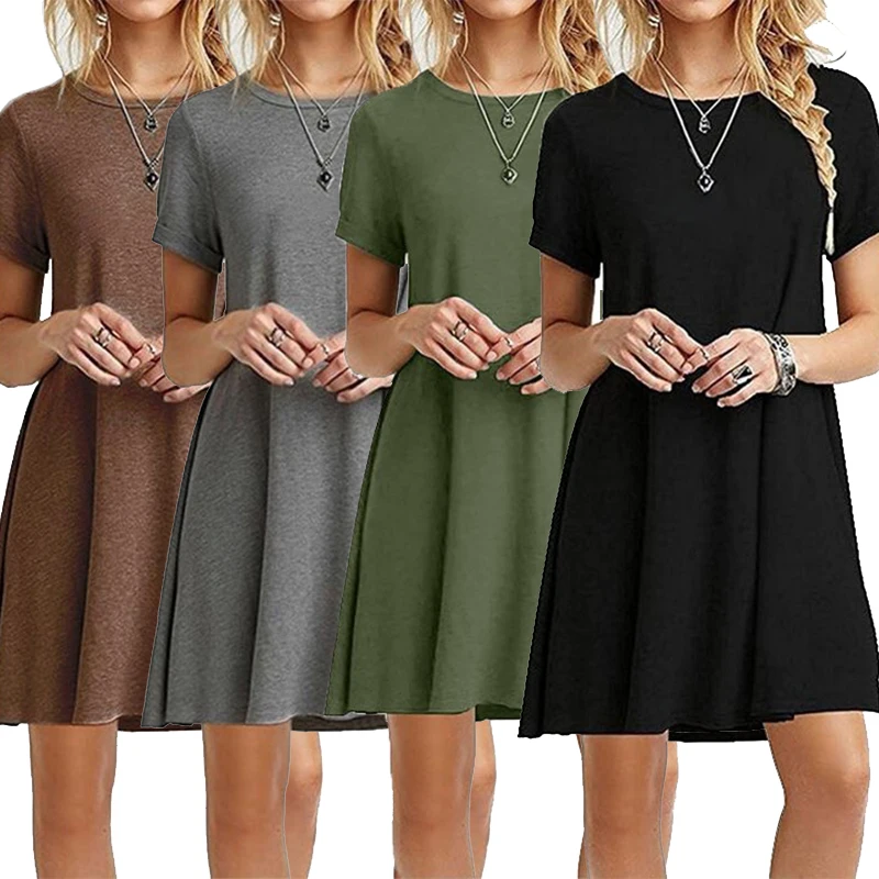 

Summer Women's Fashion Short sleeved T-shirt Dress Solid Color Short sleeved Round Neck Dress Short Skirt Women's Dress T-shirt