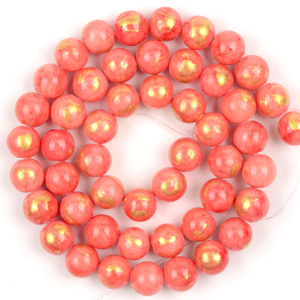 White Red Gold Plated Jade Round Natural Stone Beads for Jewelry Making and DIY Accessories