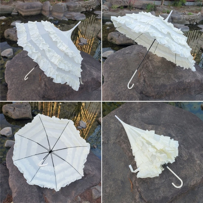 Gothic Lolita Cute Princess Lace Umbrella Long Handle Semiautomatic Large Marriage Parasol for Women