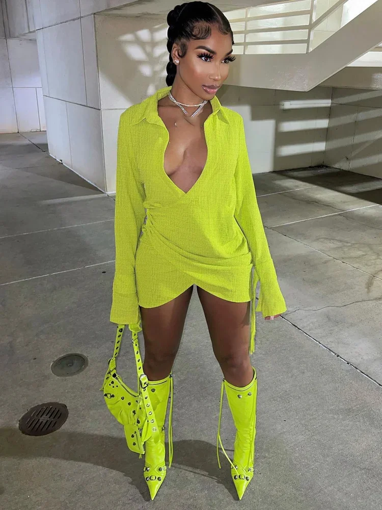 

WUHE модное трикотажное платье в рубчик с рюшами, асимметричное женское платье с отложным воротником и боковым шнурком, расклешенное платье-рубашка с длинным рукавом