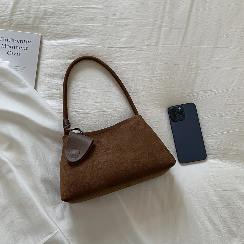 Women's Elegant Retro Tote Bag Suede Fabric Shoulder Bag Solid Brown Hand with Zipper Closure Durable & Fixed Strap Phone Makeup