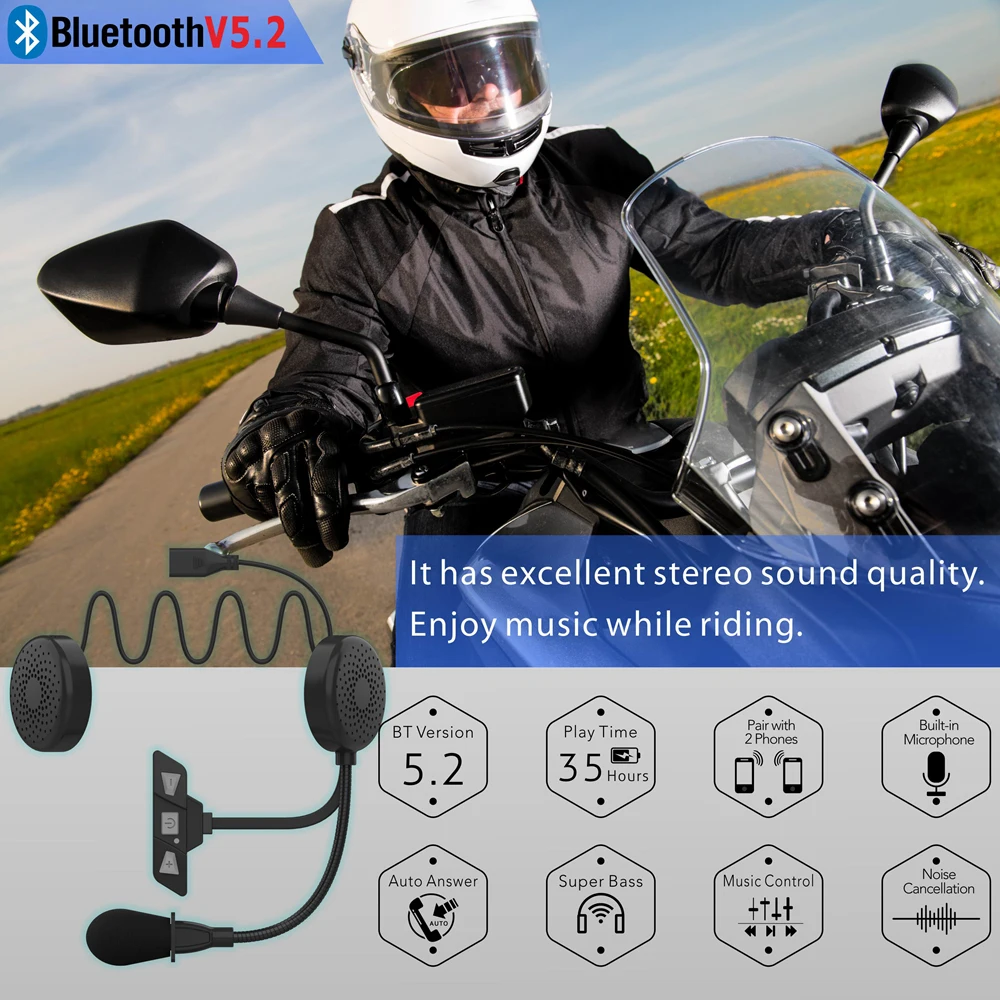 

Motorcycle Bluetooth 5.2 Helmet Headset Wireless Handsfree Earphone Stereo Music Player Moto Noise Reduction Earphone Waterproof